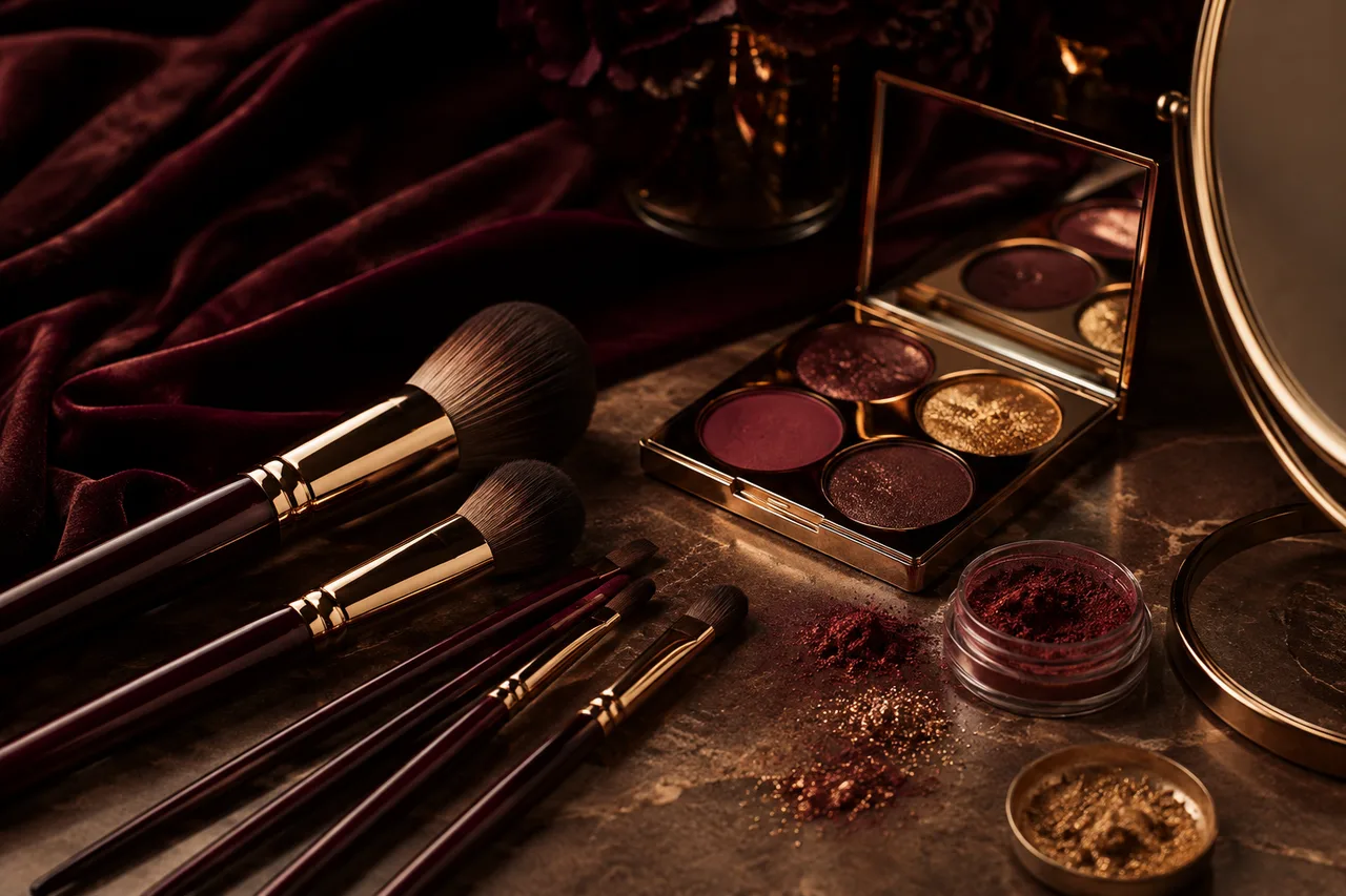 Makeup brushes and palette arranged on a studio table